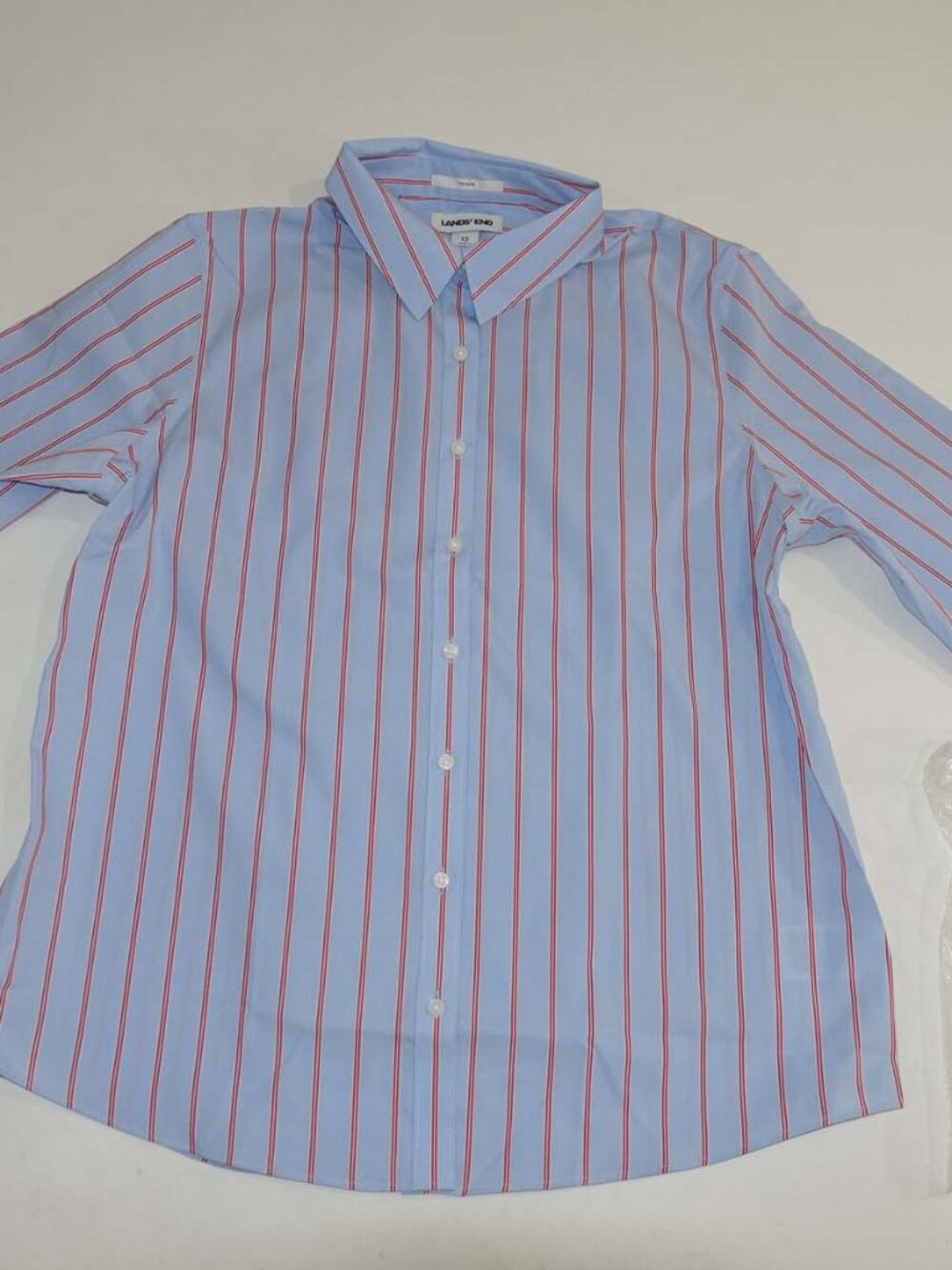 Lands' End Womens No Iron Button Down Shirt Size 12 Long Sleeves Blue Red Stripe